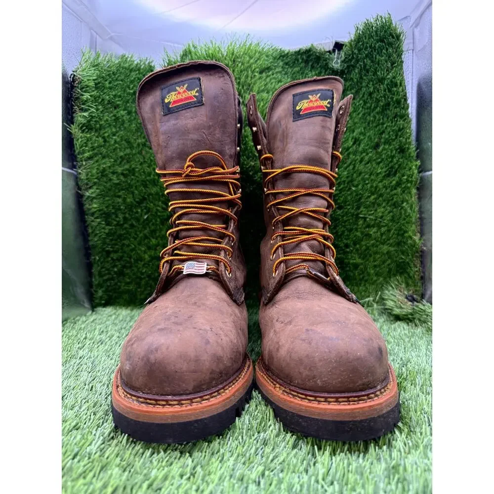 Thorogood Logger 804-3555 Combat Boot Man's 9 Brown Leather Workware Steel Toe